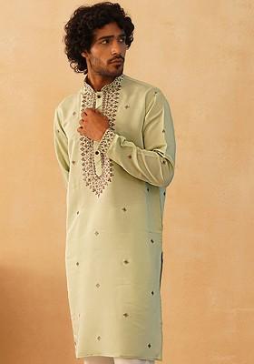 Green Embroidered Poly Blend Kurta For Men