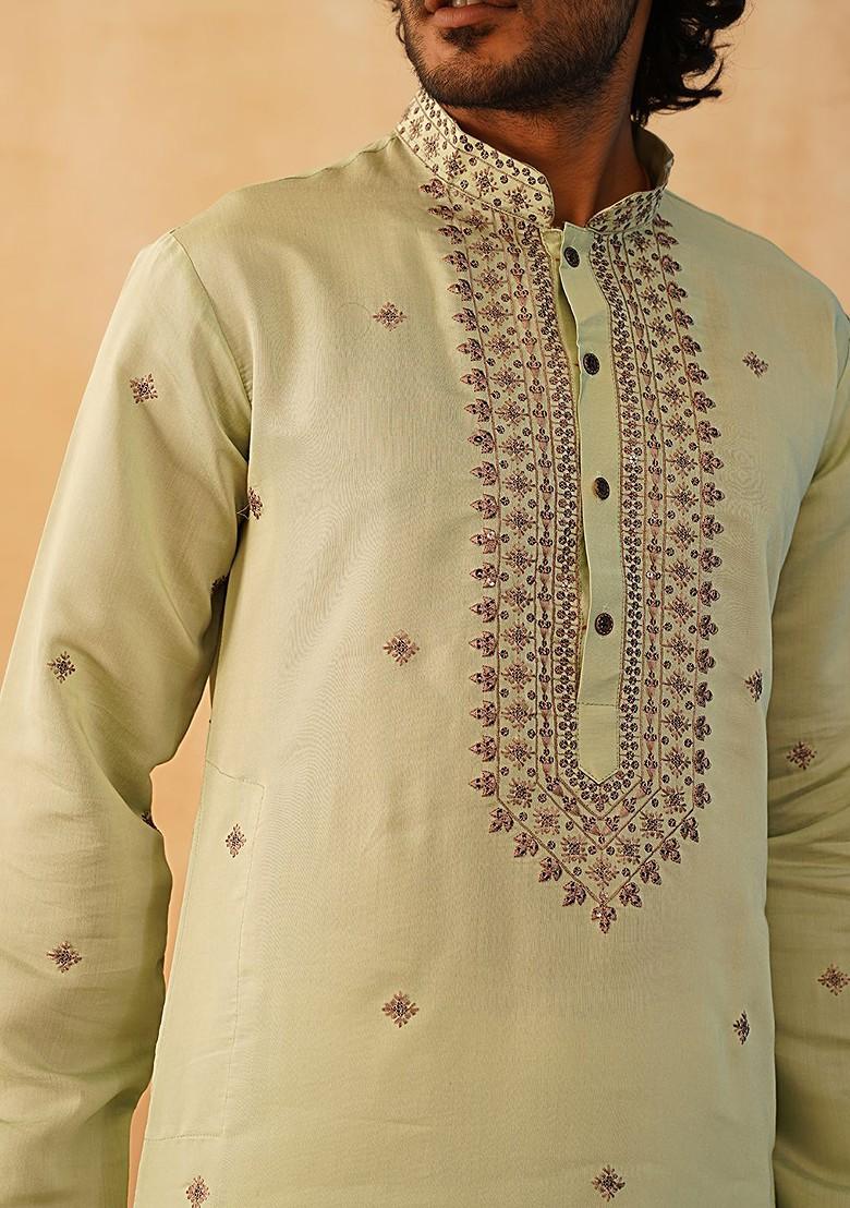 Green Embroidered Poly Blend Kurta For Men
