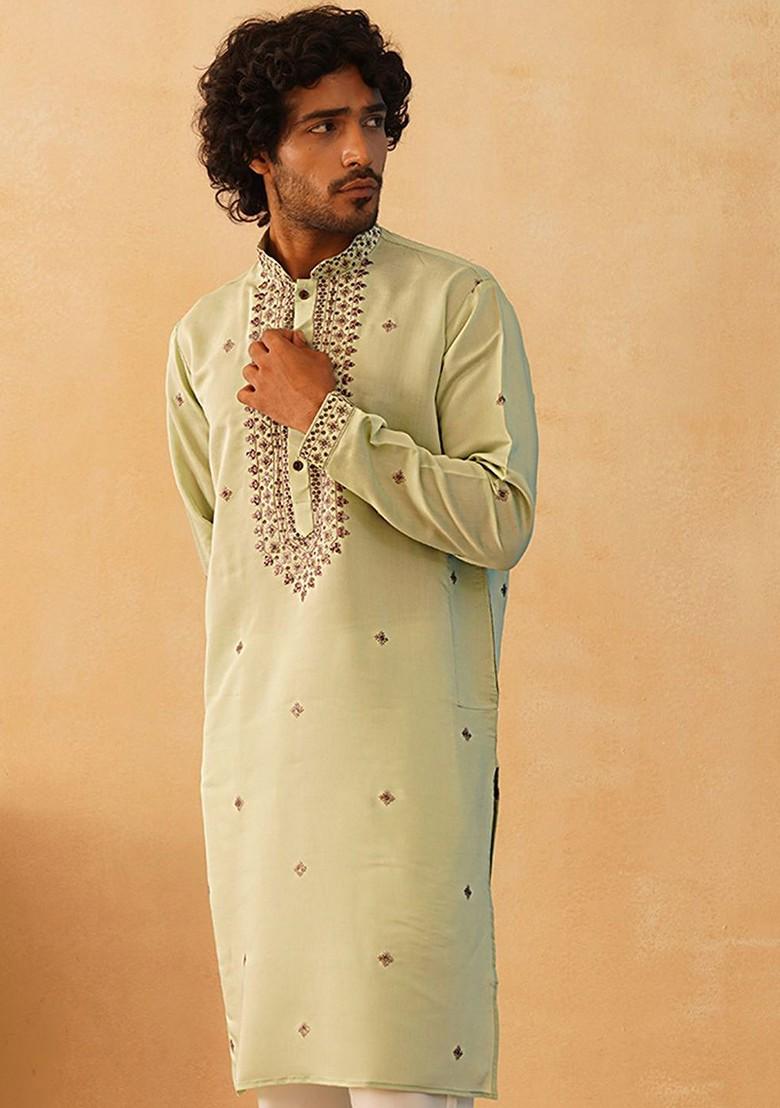 Green Embroidered Poly Blend Kurta For Men
