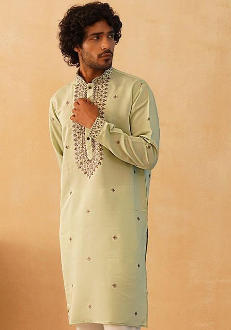 Green Embroidered Poly Blend Kurta For Men