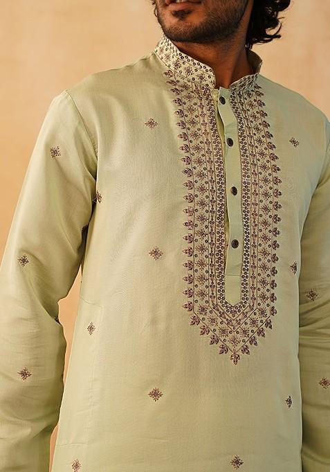 Green Embroidered Poly Blend Kurta For Men