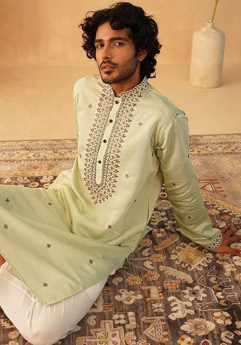 Green Embroidered Poly Blend Kurta For Men