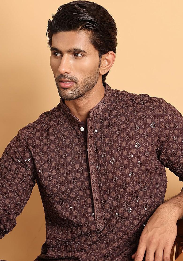 Coffee Brown Embroidered Poly Blend Kurta For Men