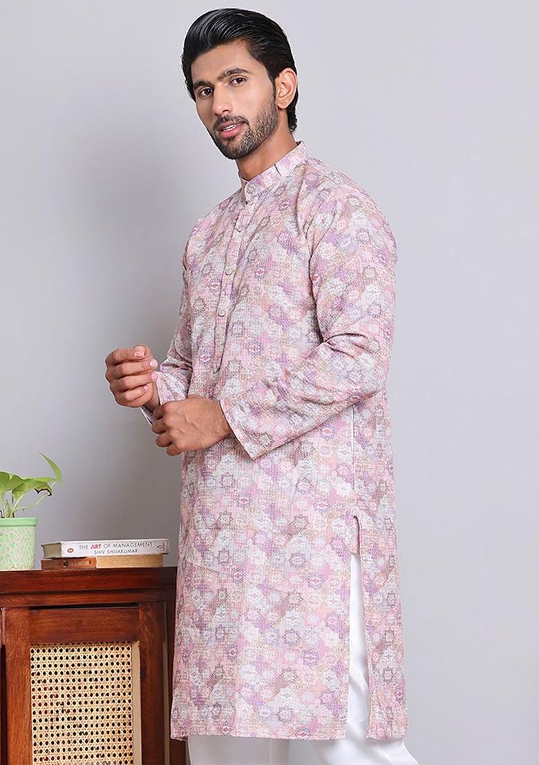 Purple Embroidered Poly Blend Kurta For Men