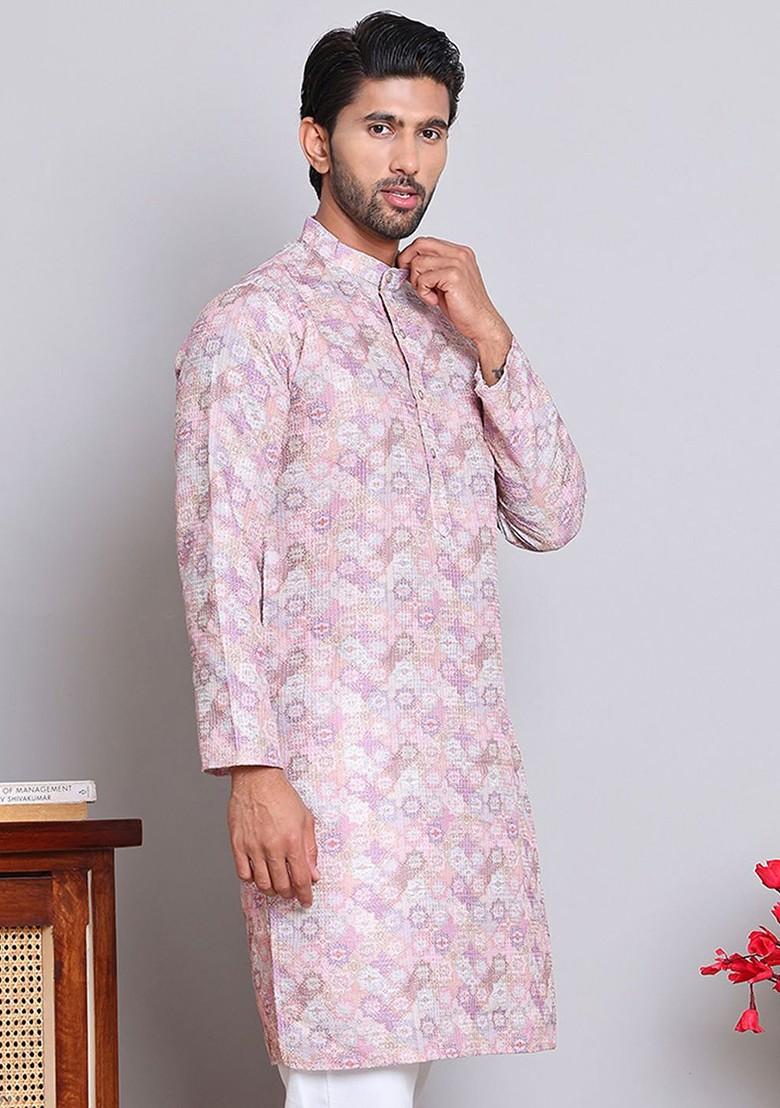 Purple Embroidered Poly Blend Kurta For Men