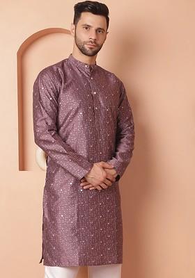 Purple Embroidered Poly Blend Kurta For Men