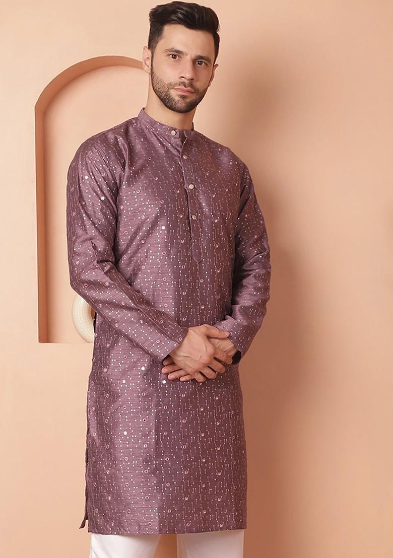 Purple Embroidered Poly Blend Kurta For Men