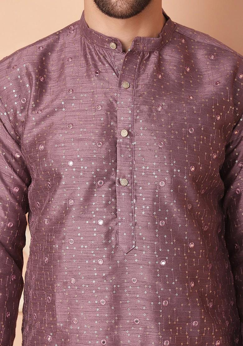 Purple Embroidered Poly Blend Kurta For Men