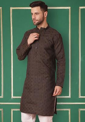 Navy Blue Embroidered Poly Blend Kurta For Men