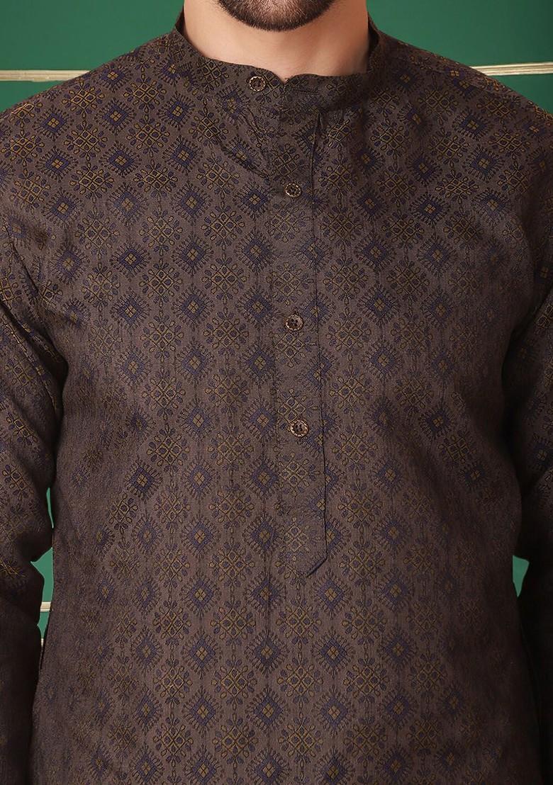 Navy Blue Embroidered Poly Blend Kurta For Men