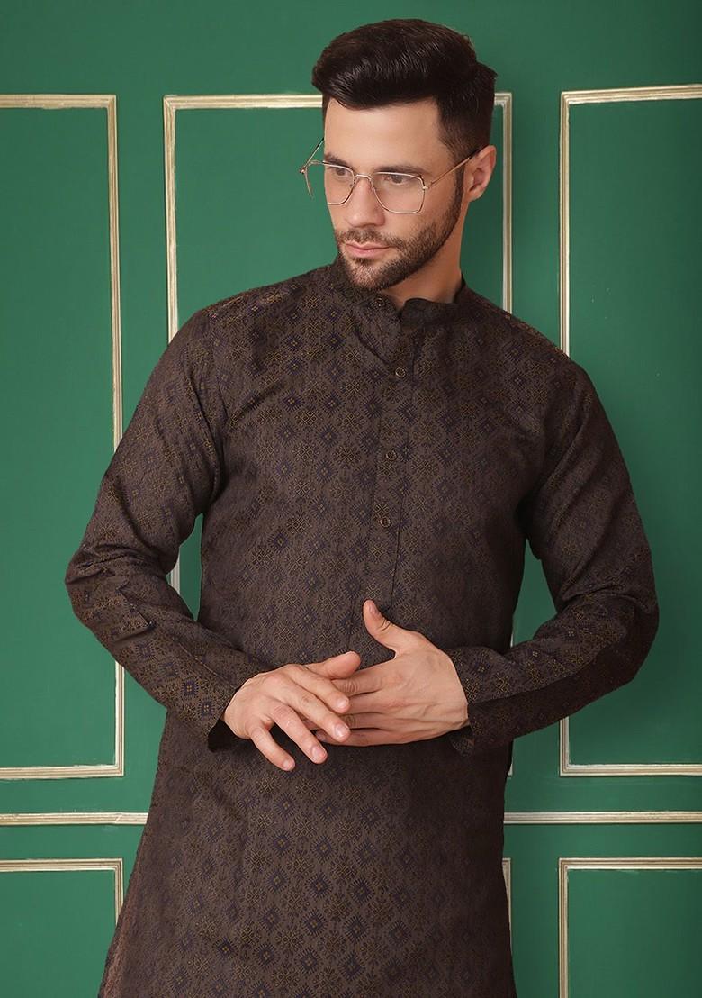 Navy Blue Embroidered Poly Blend Kurta For Men