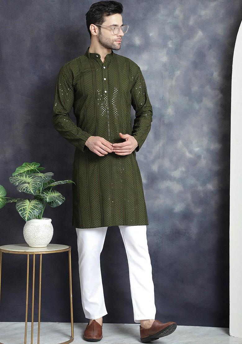 Green Embroidered Poly Blend Kurta For Men