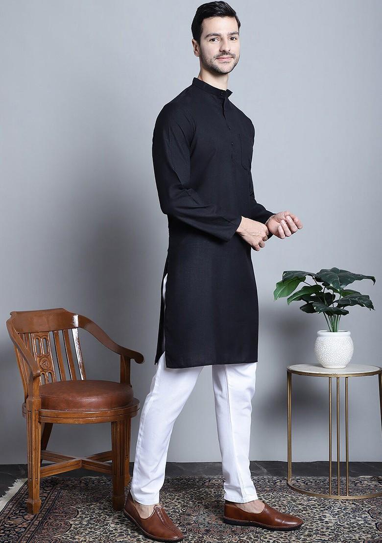 Black Embroidered Poly Blend Kurta For Men