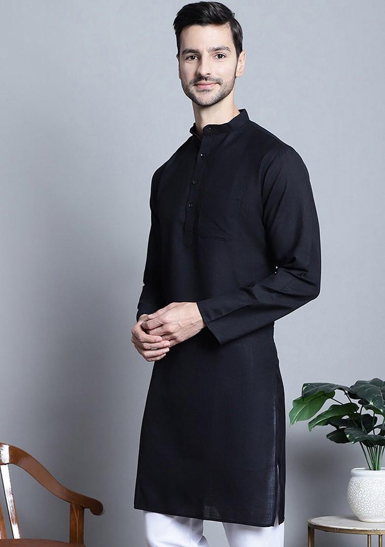 Black Embroidered Poly Blend Kurta For Men