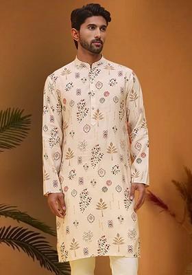 Cream Printed Poly Blend Kurta For Men
