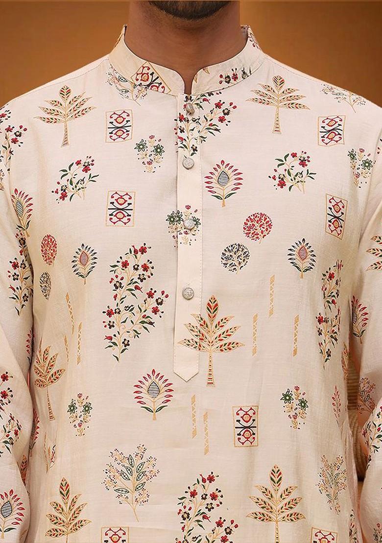 Cream Printed Poly Blend Kurta For Men