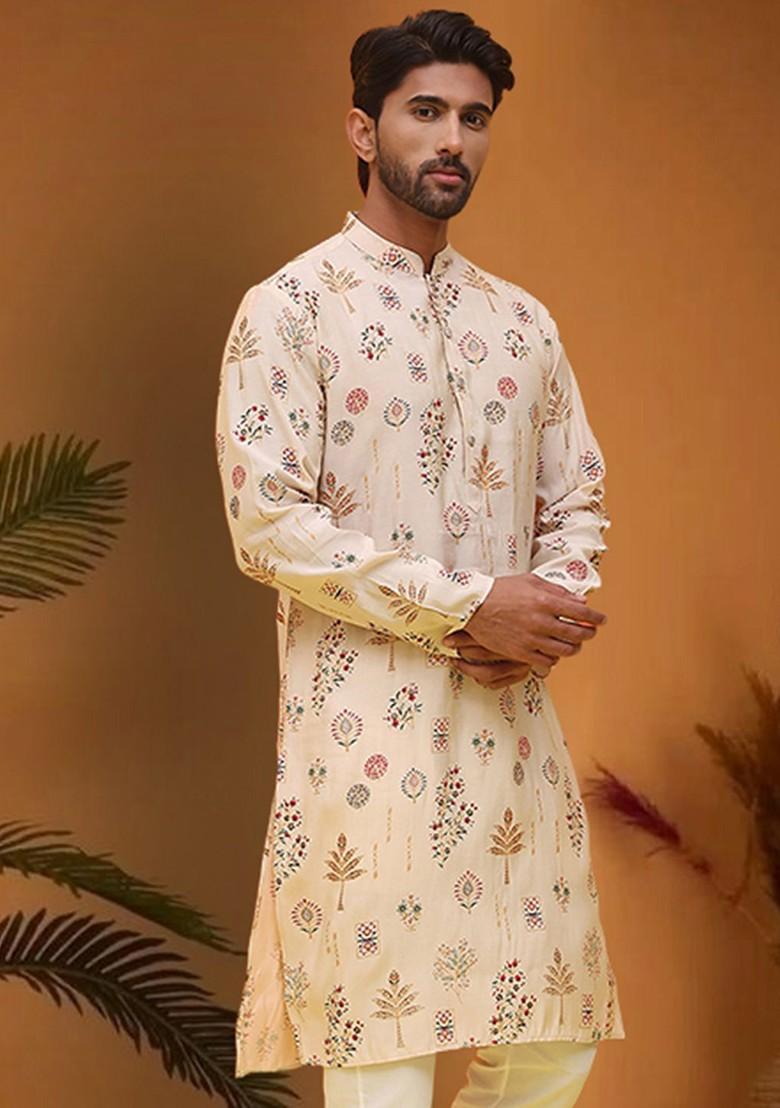 Cream Printed Poly Blend Kurta For Men