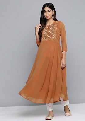 Orange Embroidered Poly Blend Kurta For Men