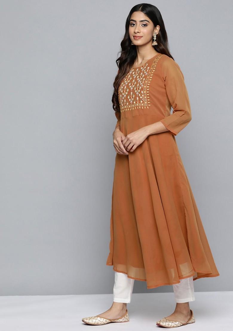 Orange Embroidered Poly Blend Kurta For Men