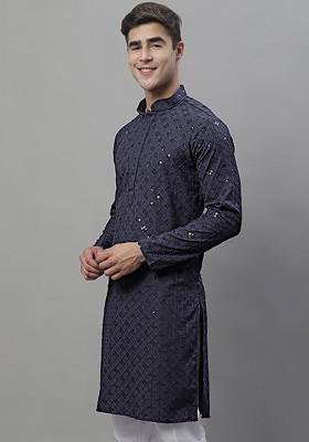 Grey Ethnic Motif Poly Blend Kurta For Men