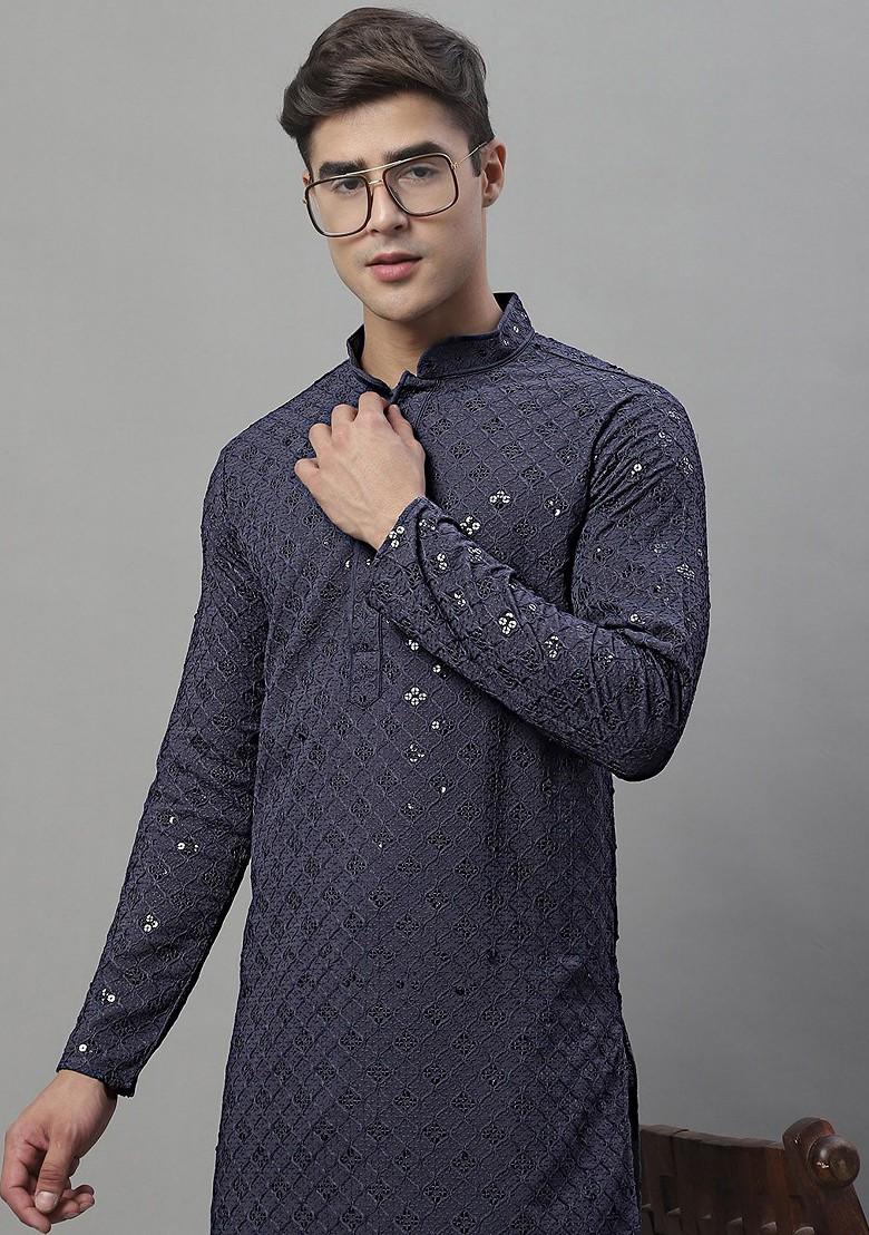 Grey Ethnic Motif Poly Blend Kurta For Men