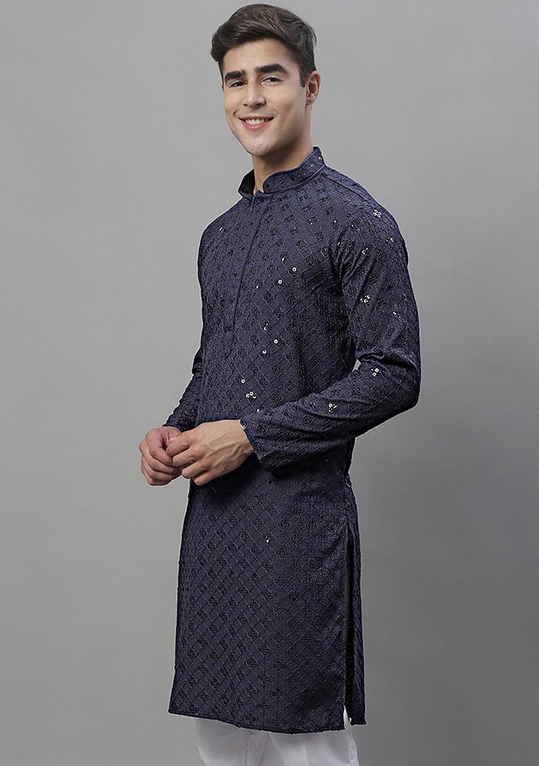 Grey Ethnic Motif Poly Blend Kurta For Men