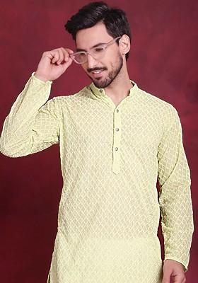 Green Embroidered Poly Blend Kurta For Men