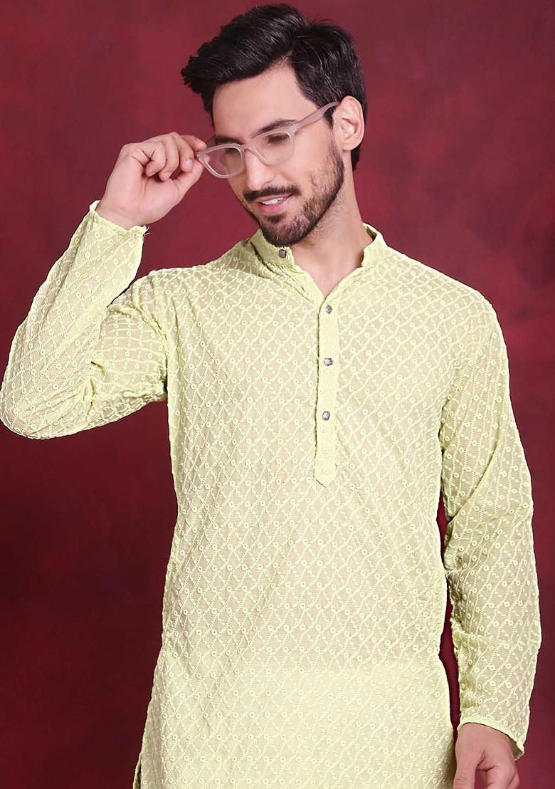 Green Embroidered Poly Blend Kurta For Men