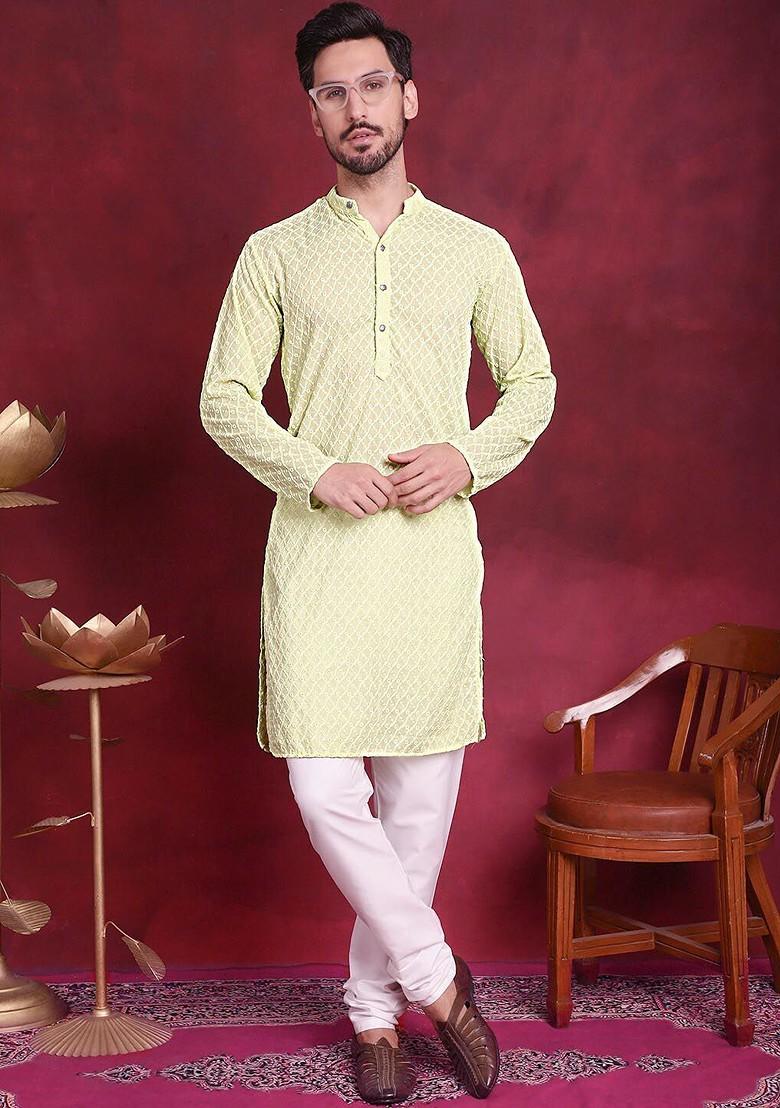 Green Embroidered Poly Blend Kurta For Men