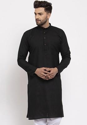 Black Embroidered Poly Blend Kurta For Men