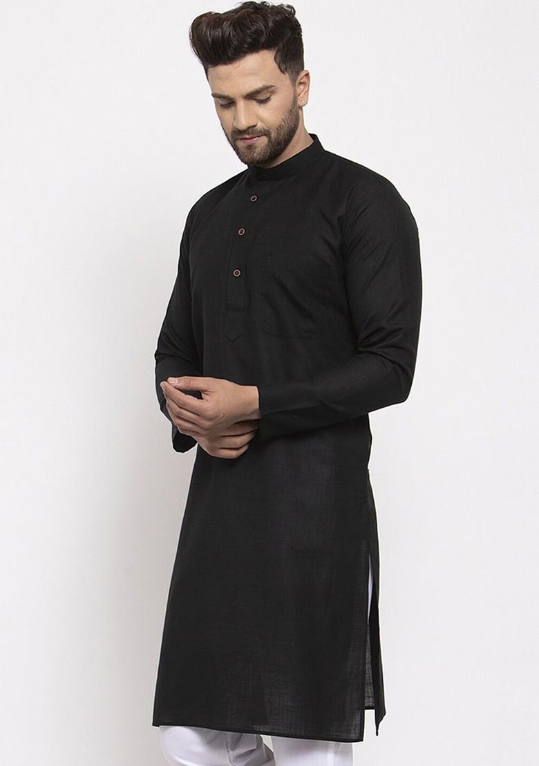 Black Embroidered Poly Blend Kurta For Men