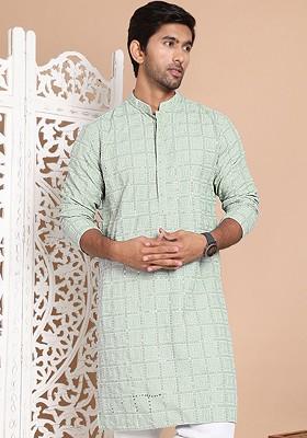 Green Embroidered Poly Blend Kurta For Men