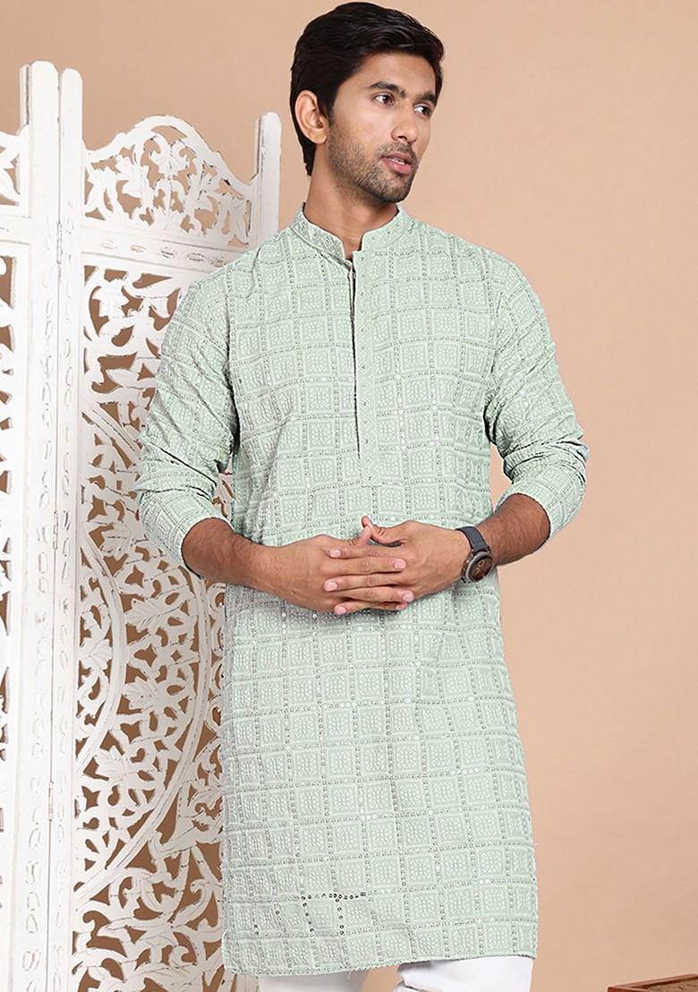 Green Embroidered Poly Blend Kurta For Men