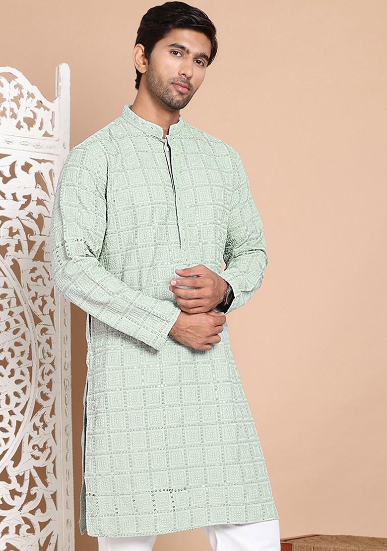 Green Embroidered Poly Blend Kurta For Men