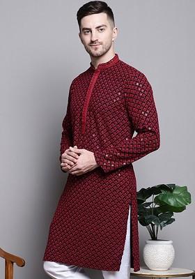 Black Embroidered Poly Blend Kurta For Men