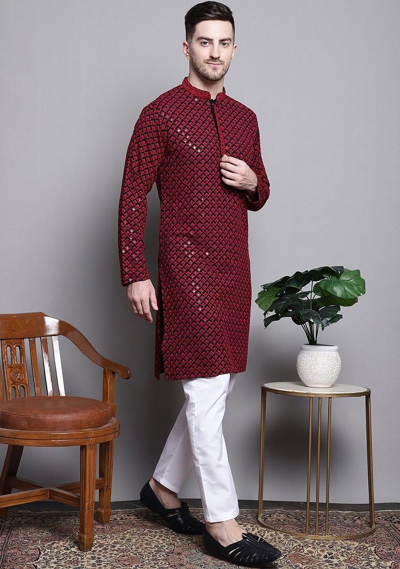 Black Embroidered Poly Blend Kurta For Men