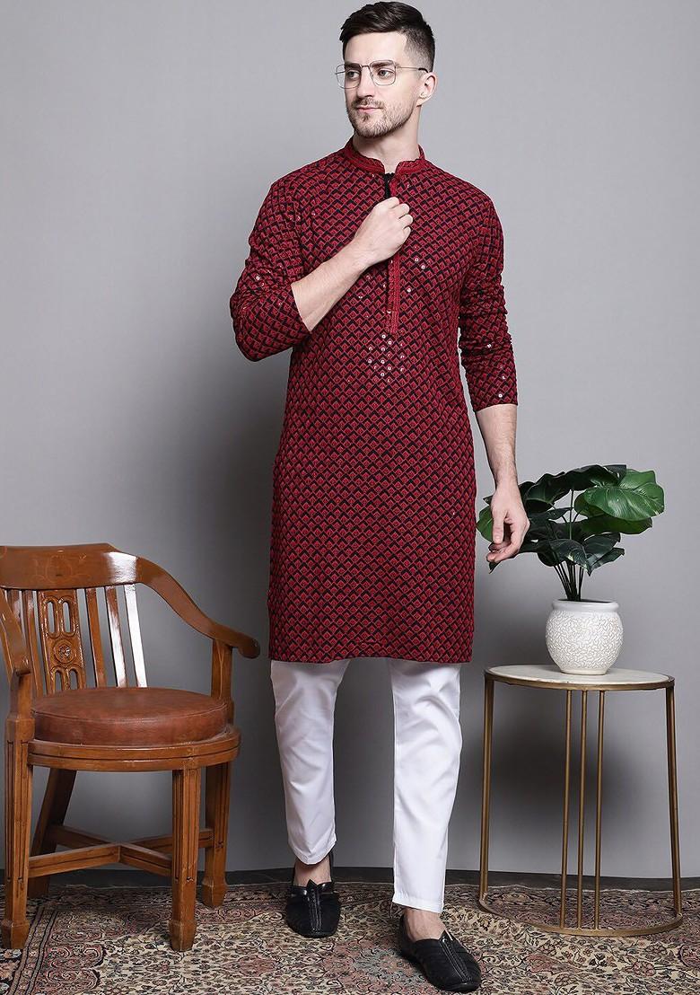Black Embroidered Poly Blend Kurta For Men