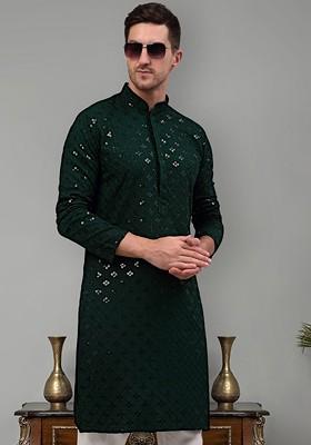 Olive Embroidered Poly Blend Kurta For Men