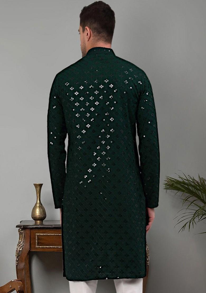 Olive Embroidered Poly Blend Kurta For Men
