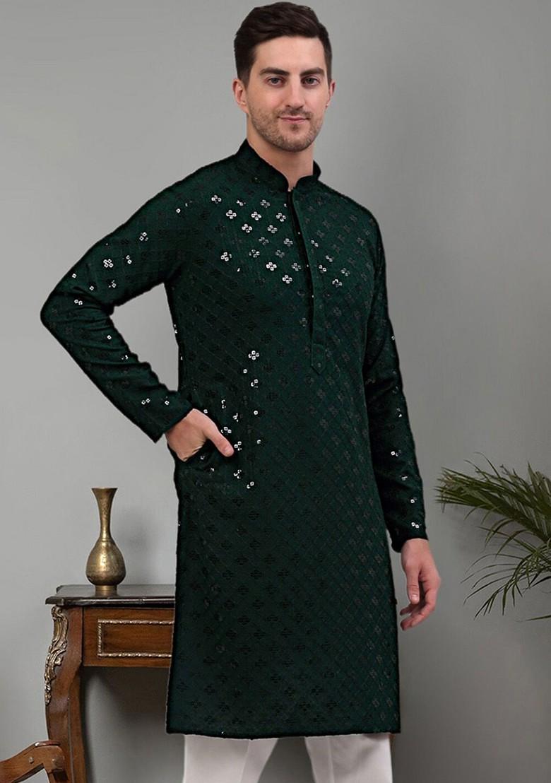 Olive Embroidered Poly Blend Kurta For Men