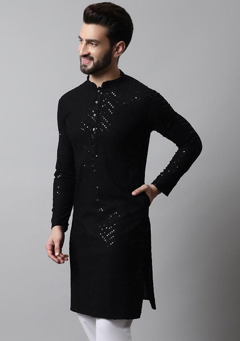 Black Embroidered Poly Blend Kurta For Men