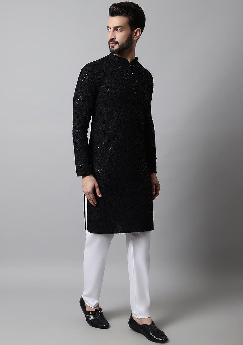 Black Embroidered Poly Blend Kurta For Men