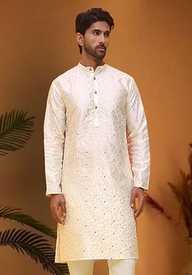 White Embellished Poly Blend Kurta For Men