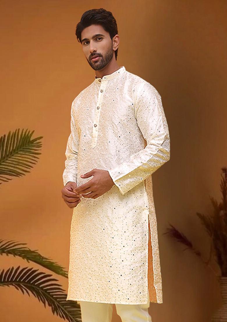 White Embellished Poly Blend Kurta For Men