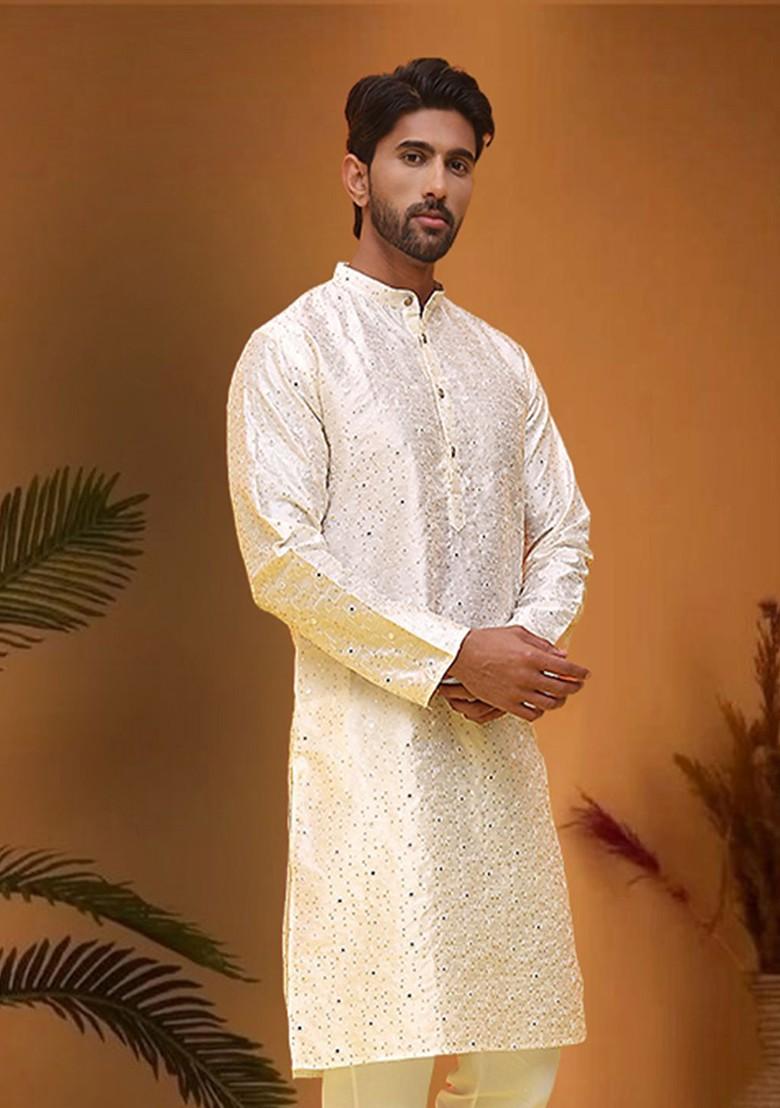 White Embellished Poly Blend Kurta For Men