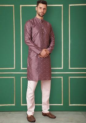 Purple Embroidered Poly Blend Kurta For Men