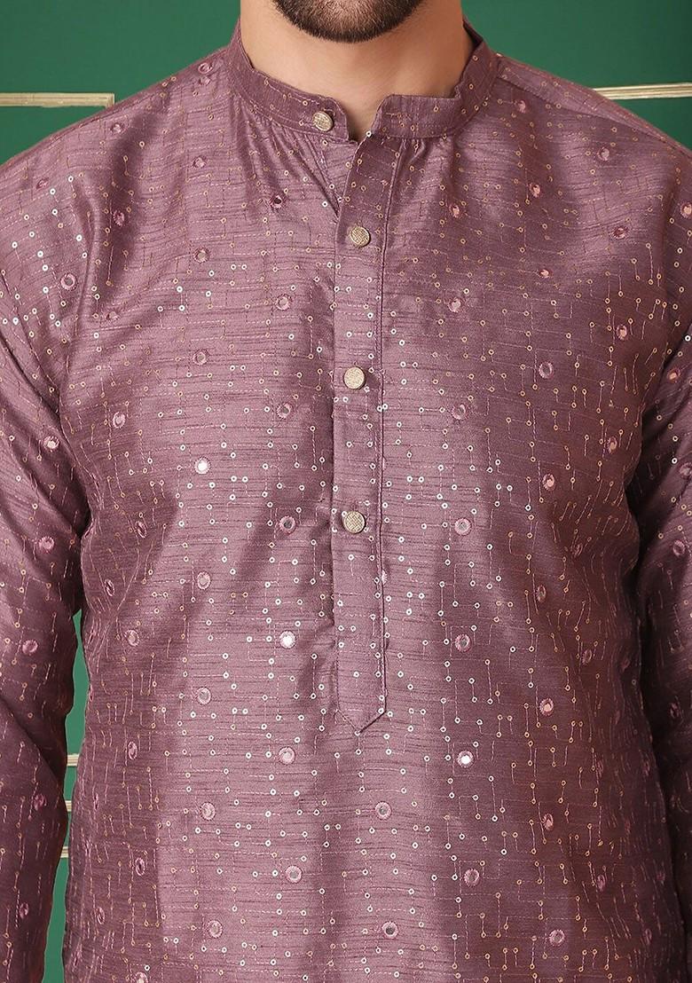 Purple Embroidered Poly Blend Kurta For Men