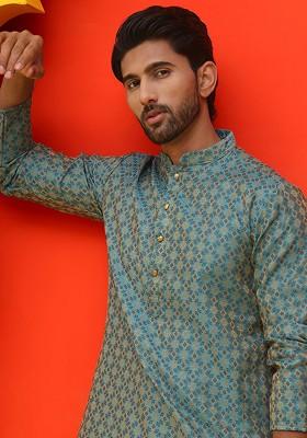 Blue Woven Design Poly Blend Kurta For Men