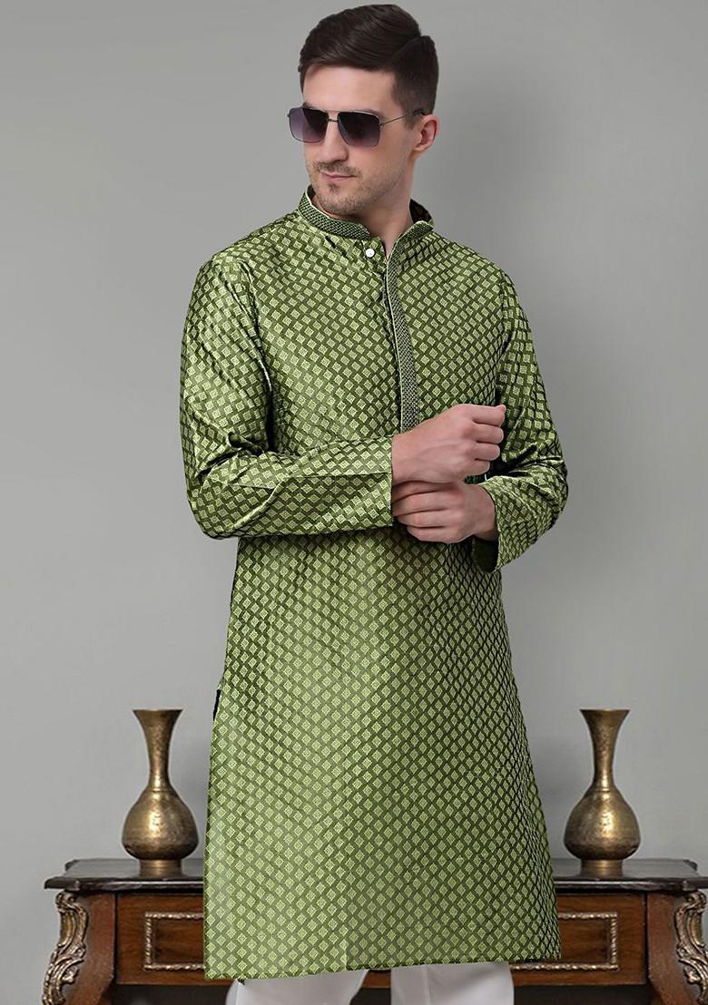 Olive Embroidered Poly Blend Kurta For Men