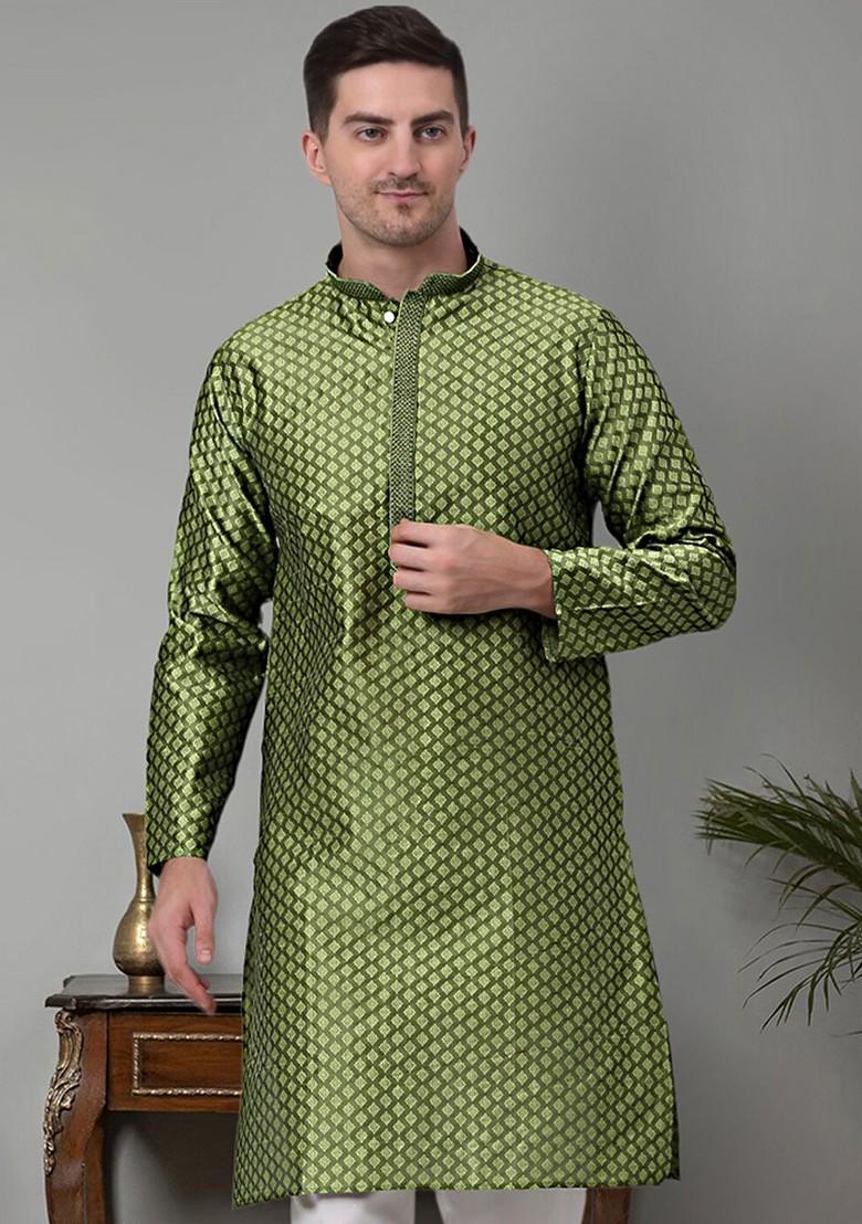 Olive Embroidered Poly Blend Kurta For Men